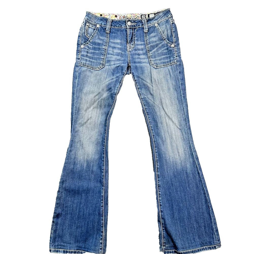 VTG Women Miss Me Flare Jeans Sz 28 Bootleg Flap Pocket Embroidered Med Wash y2K